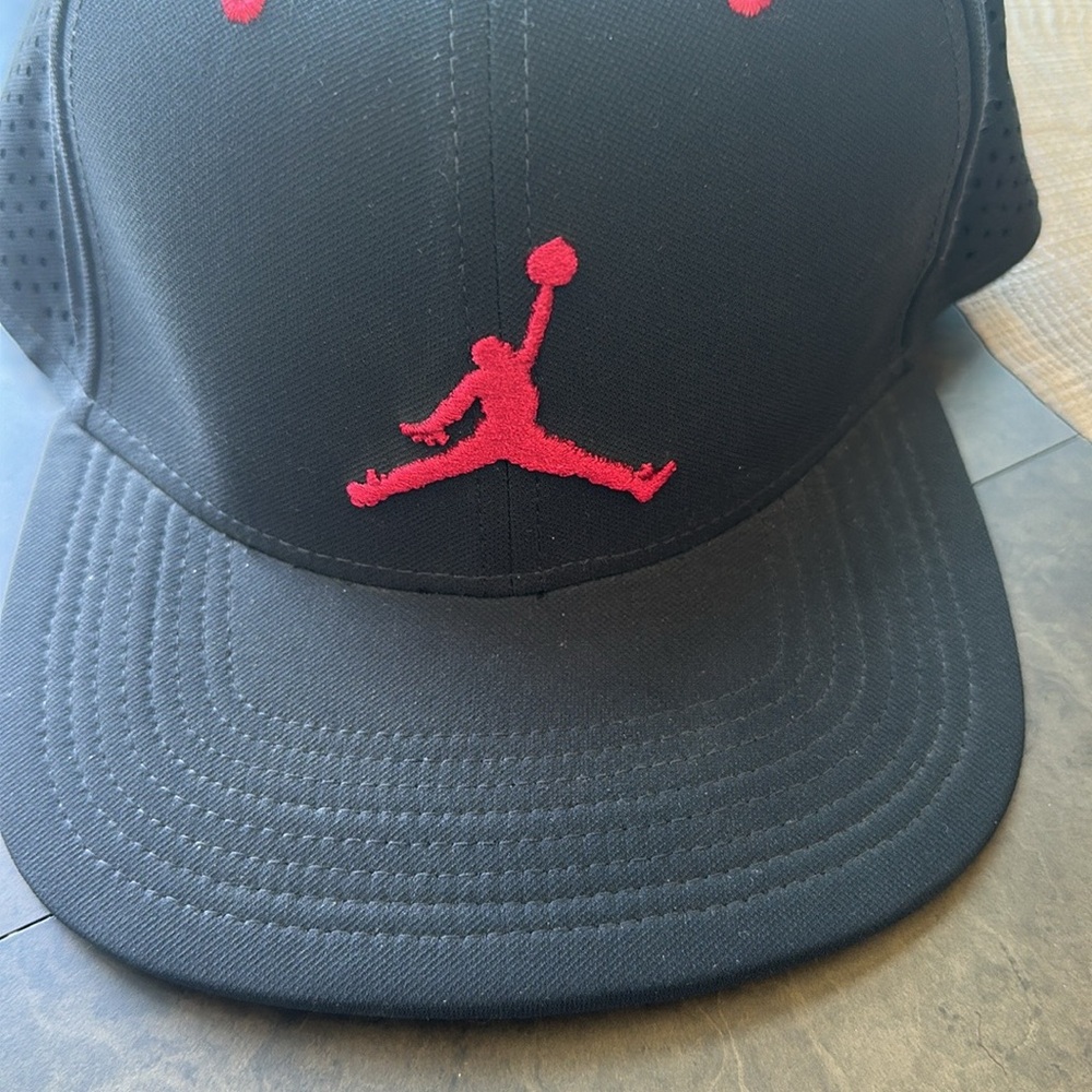 Jordan Black Snapback Hat with Red Jumpman Logo